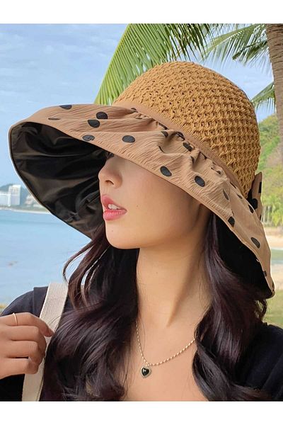 Trenderrs Women's Wide Brim UV Protection Polka Dot Bow Bag Foldable Hat