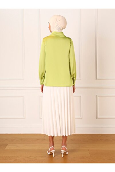 Refka Balloon Sleeve Satin Blouse with Cuffs - Linden Green - Refka