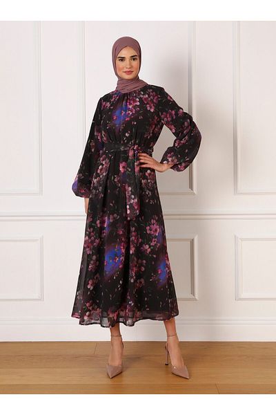 Refka Floral Patterned Balloon Sleeve Chiffon Hijab Dress - Black Flower Pattern - Refka