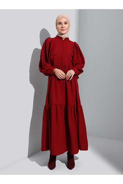 Refka Brit and Sleeve Detailed Aerobin Hijab Dress - Claret Red - Refka