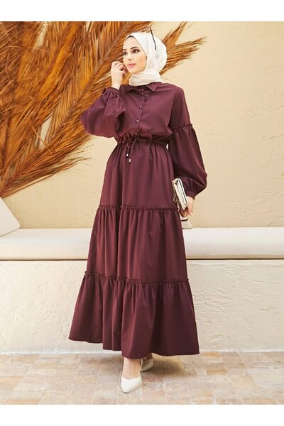 Neways Front Button Detailed Hijab Dress - Claret Red - Neways