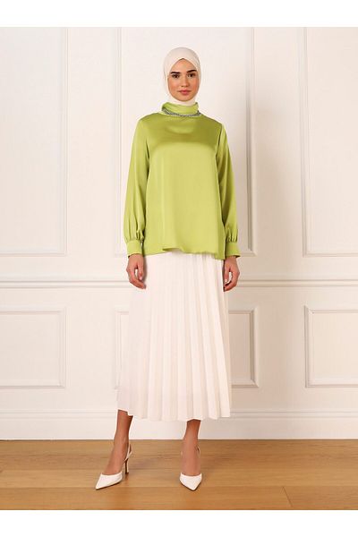 Refka Balloon Sleeve Satin Blouse with Cuffs - Linden Green - Refka