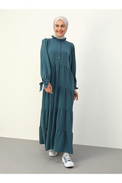 Benin Aerobin Half Placket Lacing Detailed Hijab Dress - Light Petrol - Benin