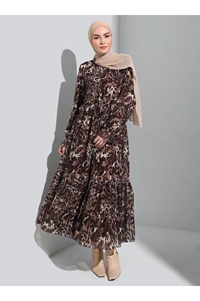 Refka Leopard Patterned Lined Chiffon Stylish Hijab Dress - Cream - Refka