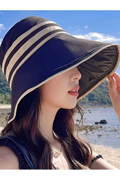 Trenderrs Kadın Geniş Siperli UV Korumalı Çizgili Ayarlanabilir Şapka