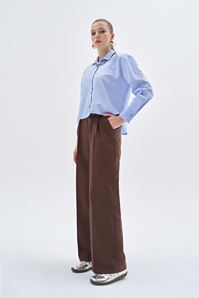 FABB Pantaloni Palazzo cu buzunare maro cu talie elastică la spate