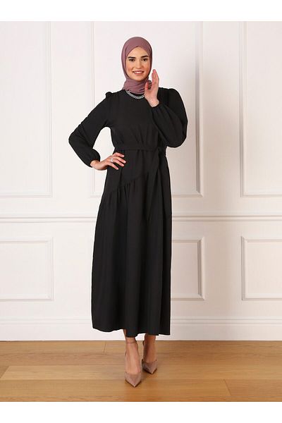 Refka Aerobin Asymmetric Cut Belted Hijab Dress - Black - Refka