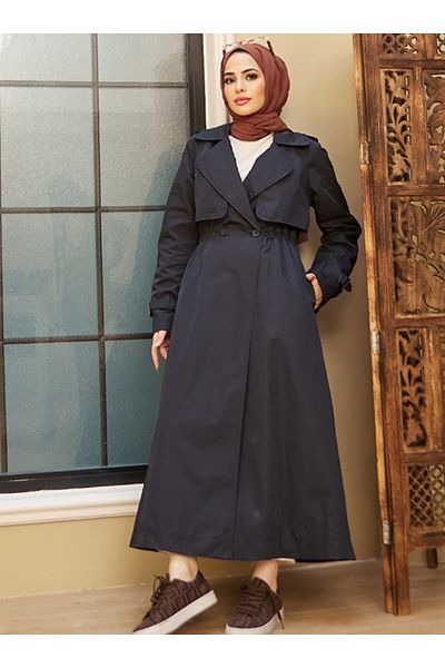 Neways Button Detailed Trench Coat - Navy Blue - Neways