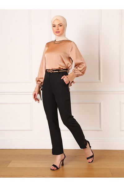Refka Slit Detailed Fabric Trousers - Black - Refka