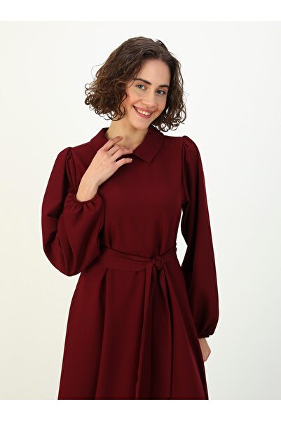 Benin Aerobin Shirt Collar Belted Hijab Dress - Claret Red - Benin
