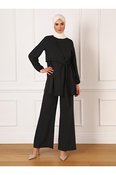 Refka Pearl and Tie Detailed Tunic & Trousers Double Aerobin Set - Black - Refka