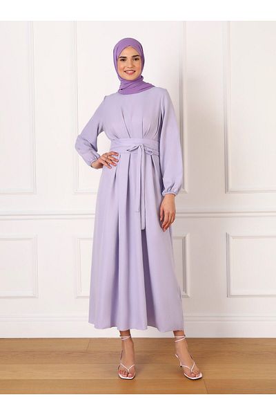 Refka Aerobin Basic Belted Hijab Dress - Lilac - Refka