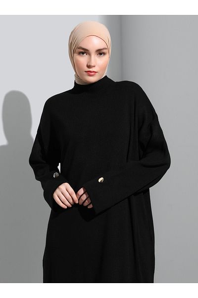 Refka Rollkragenärmeliges Strick-Hijab-Kleid mit gefalteten Ärmeln - Schwarz - Refka
