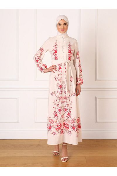 Refka Brite Detailed Floral Patterned Hijab Dress with Collar - Cherry - Refka