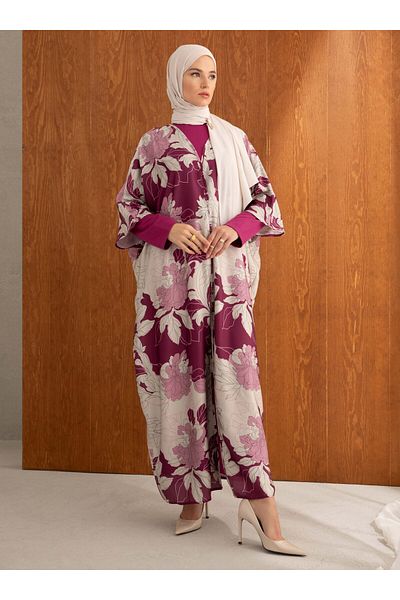 Refka Floral Patterned Satin Ferace & Long Sleeve Dress Double Set - Cherry Ecru Pattern - Refka