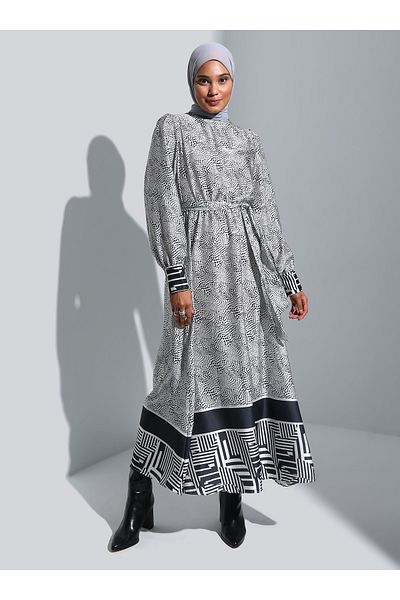 Refka Belted Balloon Sleeve Satin Hijab Dress - Black and White Patterned - Refka