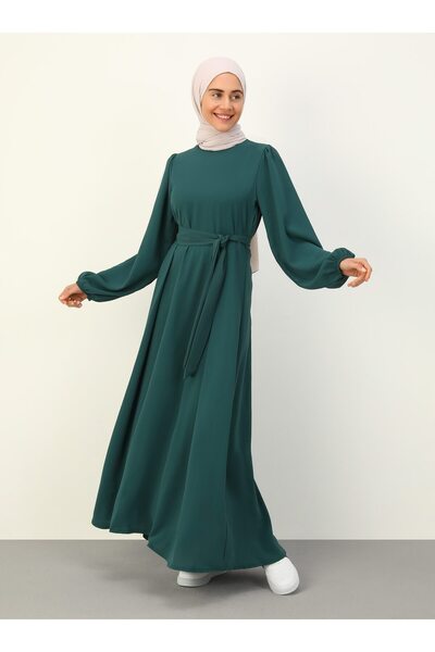 Benin Aerobin Balloon Sleeve Belted Mevlana Patterned Hijab Dress - Emerald - Benin