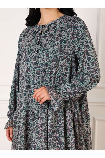 ALİA Plus Size Floral Patterned Chiffon Hijab Dress - Emerald Black Floral Pattern - Alia