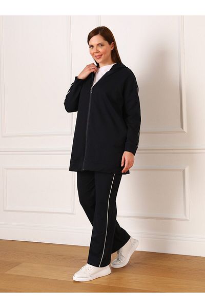 ALİA Plus Size Piping Λεπτομερής φούτερ & παντελόνι με κουκούλα Διπλό σετ - Navy Blue - Alia