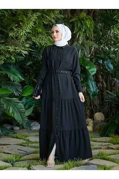 Neways Belt Detailed Hijab Dress - Black - Neways
