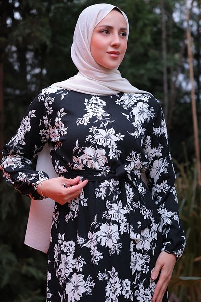 benguen Φόρεμα 3953 Ελαστική μέση με floral σχέδιο μαύρο