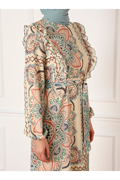 Refka Ethnic Patterned Lined Chiffon Hijab Dress - Vanilla - Refka