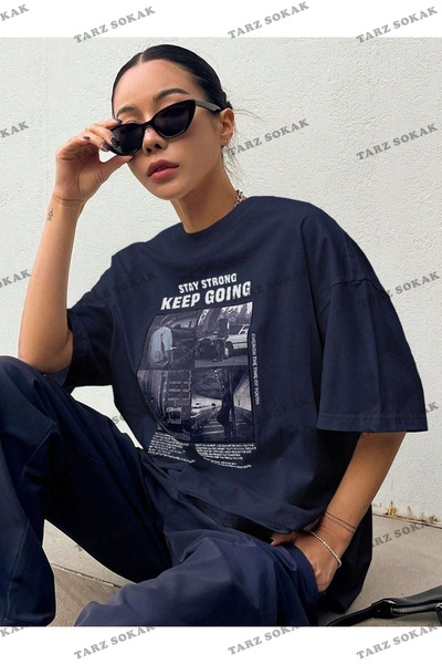 Tarzsokak Bluză de damă, albastru marin, cu imprimeu „Keep Going”, supradimen...