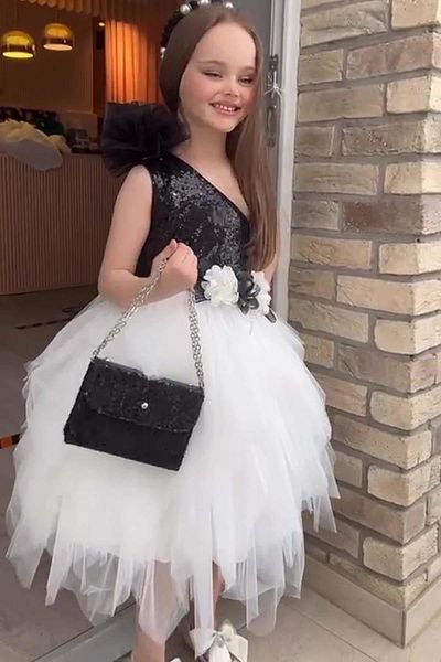 Riccotarz Rochie pentru fete, cu un singur umăr, cu paiete, brodate în față cu tul floral, tul alb-negru