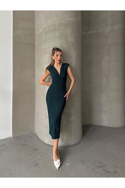 SEDA FİDAN Rochie creion elegantă verde smarald - cu sclipici și vată