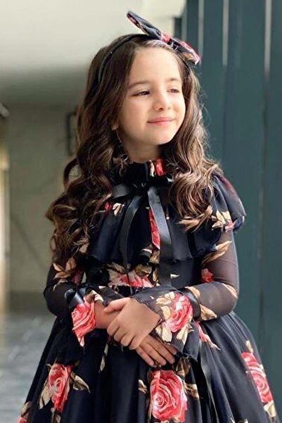 Riccotarz Girl's Flower Print Pleated Black Dress with Transparent Sleeves and Ruffled Collar