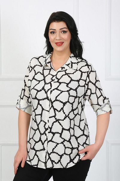 By Alba Collection Women's White Patterned Cotton Viscose Large Size Shirt