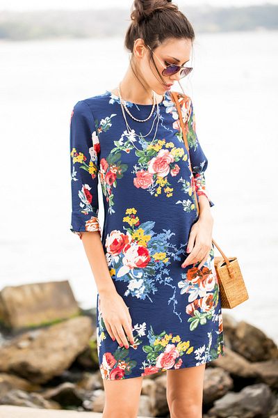 AVORWE Crew Neck Floral Patterned Three Quarter Sleeve Mini Dress