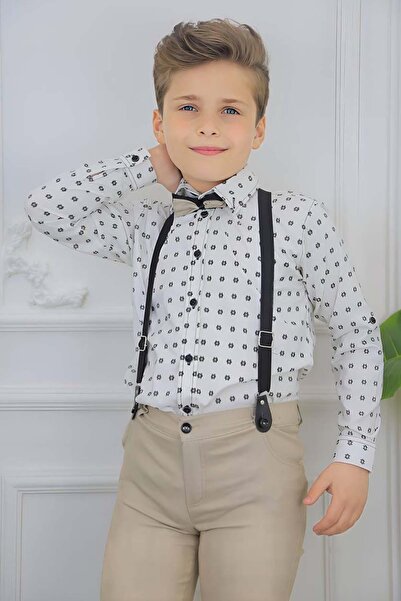 Riccotarz Σετ αγορίστικο πουκάμισο με σχέδια, παπιγιόν και κρεμ παντελόνι παντελόνι πάνω και κάτω