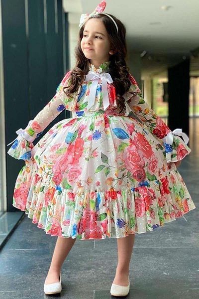Riccotarz Girl's Sleeves Transparent and Ruffled Collar Floral Print Pleated White Dress