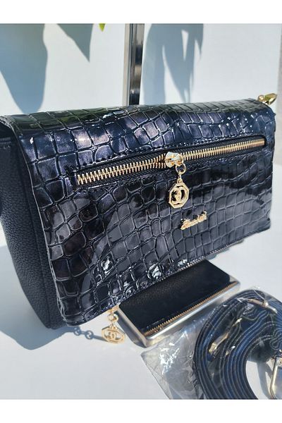 OUEEN ELİZABETH Geantă de umăr pentru femei Oueen Elizabeth Crocodile negru-gri texturizat