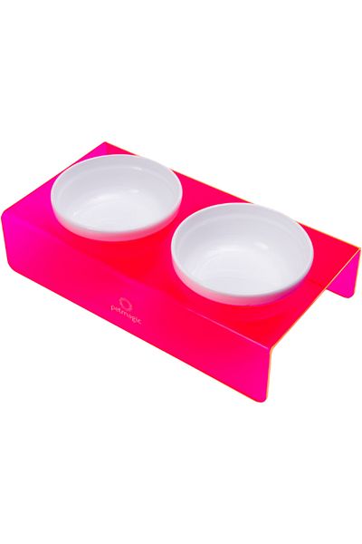 Pet Magic Petmagic Acrylic Plexi Pet White Ceramic Bowl Double Cat and Dog Food Water Bowl-Neon Red