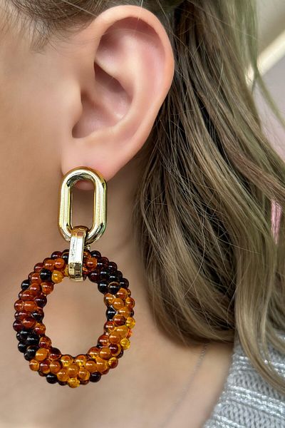 TAKIŞTIR Gold and Brown Chain Detail Earrings (Pair)