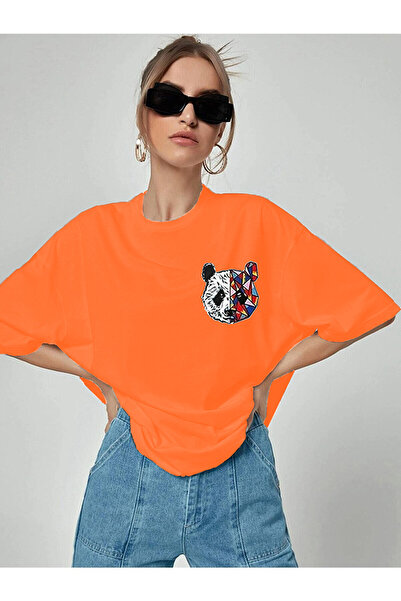 oneagılyazı Tricou de damă cu imprimeu panda oversize negru