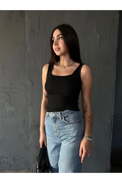 Fav Style Γυναικείο τετράγωνο λαιμό Χοντρό λουράκι Καμισόλα με ραβδώσεις Tank Top Μαύρο