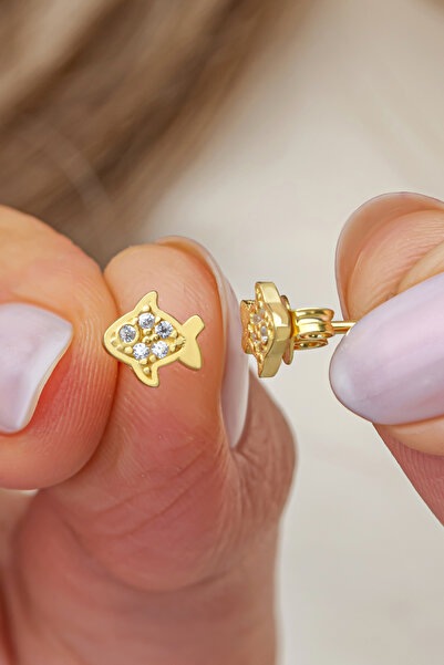 Nereze 925 Ayar Gümüş Gold Kaplama Minimal Balık Küpe