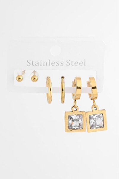 BY DİLEK ÇETİN ACCESSORY مجموعة من 3 أقراط من حجر الرغيف الفرنسي المربع الفولاذي