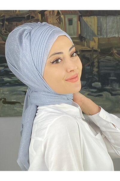 BUTİKAMBAR Gümüş Taşlı Drape Detaylı Simli Şal