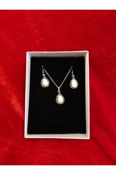 Burhan Yücel Lületaşı Tulipstone marcasite small drop necklace earrings set