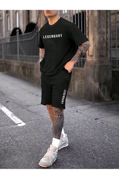 DAXİS Sportwear Company Мъжки мъжки долнище с щампа Черен комплект - Комплект къси панталони с тениска