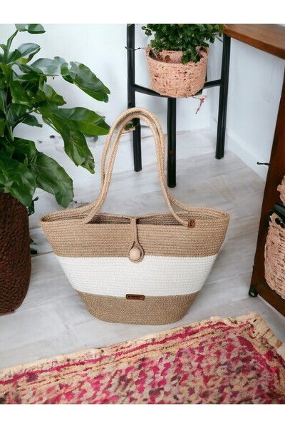 tosbai Large Size Women's Straw Beach Baby Care Bag with Round Rope Strap, Handmade Bag, Handle Bag