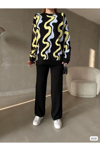 Esinty Set de tricotaje pentru femei, cu imprimeu colorat, pulover și pantalo...