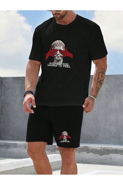 DAXİS Sportwear Company Men's Printed Men's Bottom Top Black Set - Shorts T-shirt Set