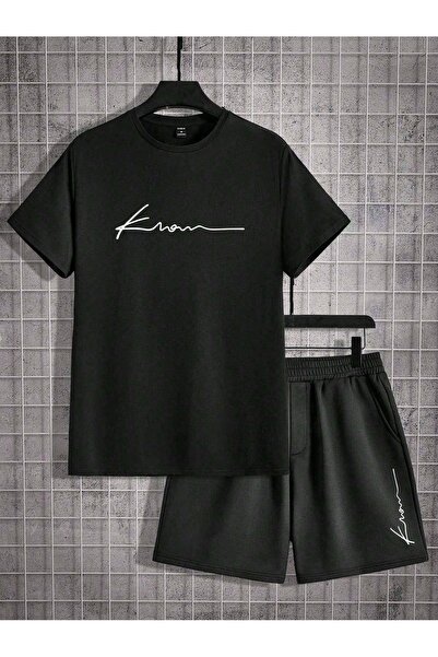 DAXİS Sportwear Company Férfi nyomtatott férfi alsó felső fekete szett - rövidnadrág póló szett