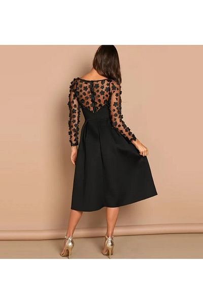 Styling Park Navy Blue Midi Dress with Flower Tulle Detail and Backless Detail