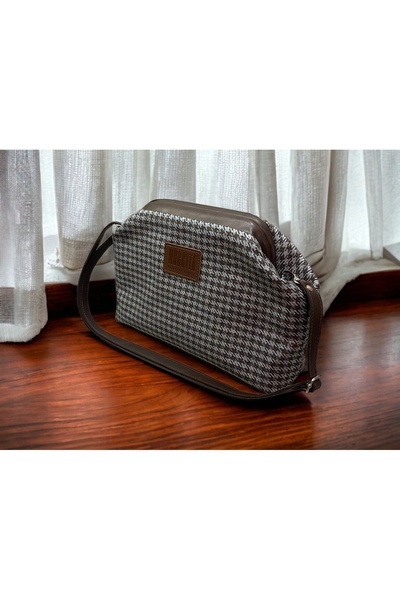 Nuggita Gizli Burslu Clutch El Omuz Çantası Kazayağı Desenli Petrol Mavisi